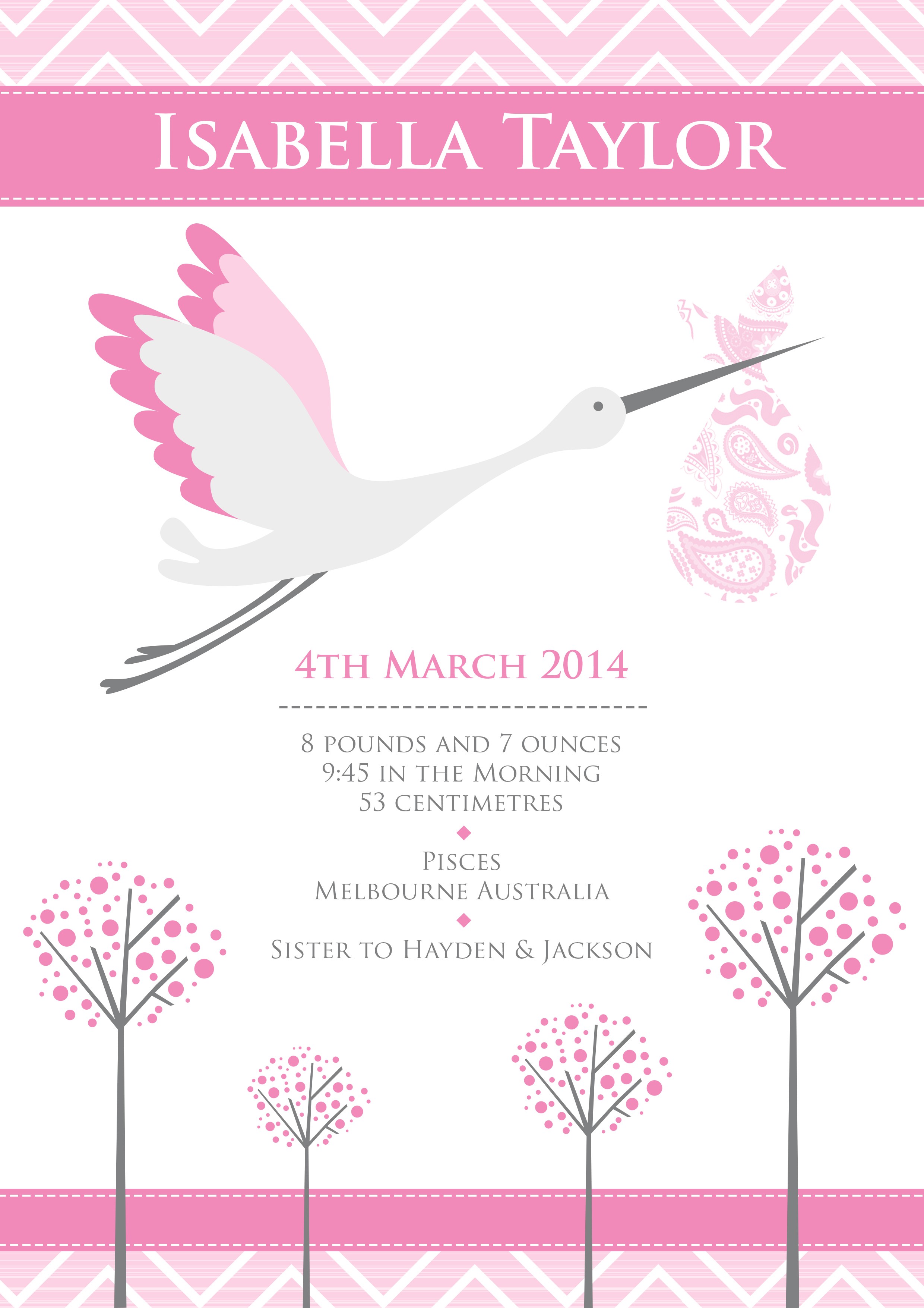 A4 Birth Print with Stork Pink 