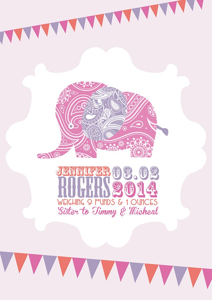 A4 Birth Print with Elephant Pink 