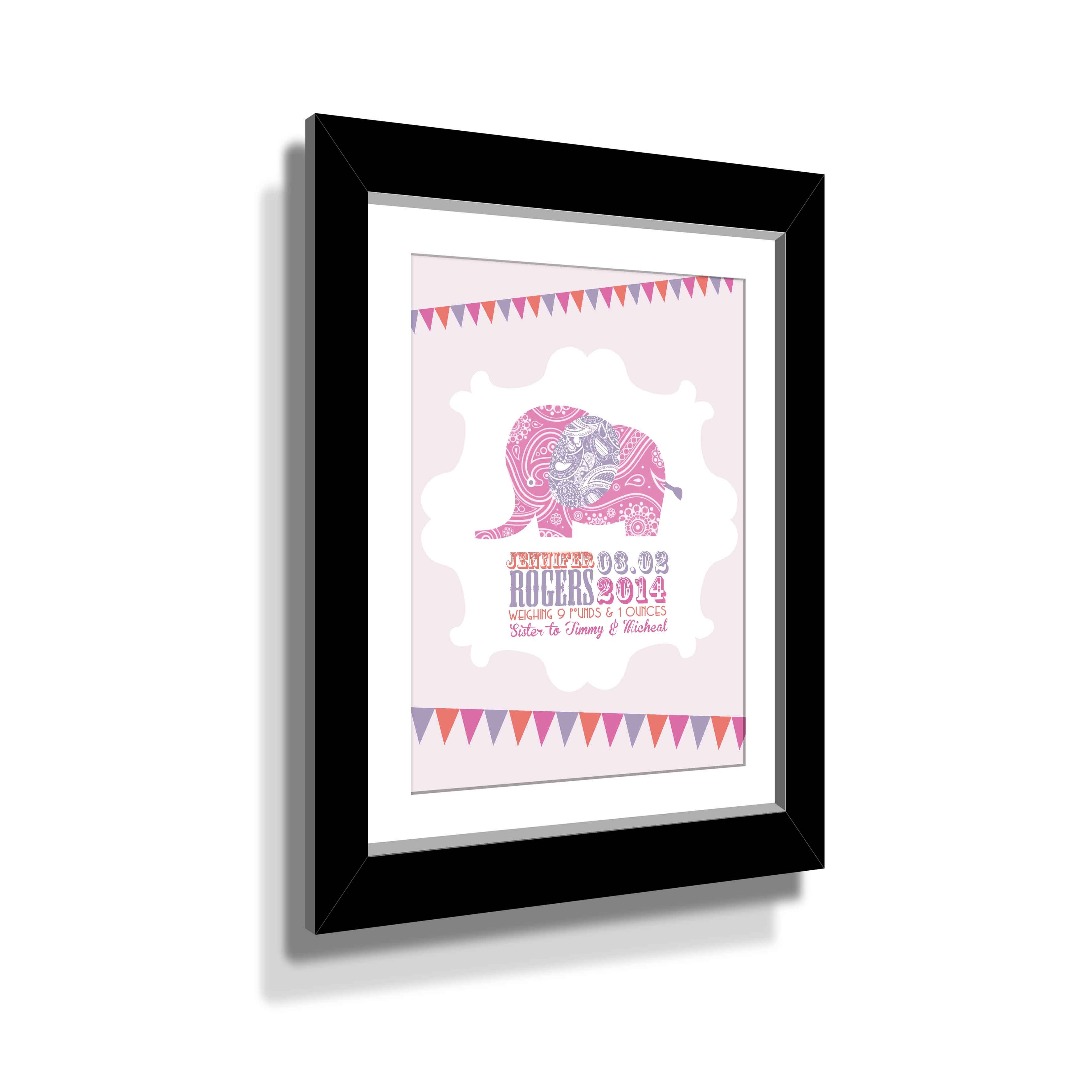 Birth Print Pink Elephant with Custom Black Frame