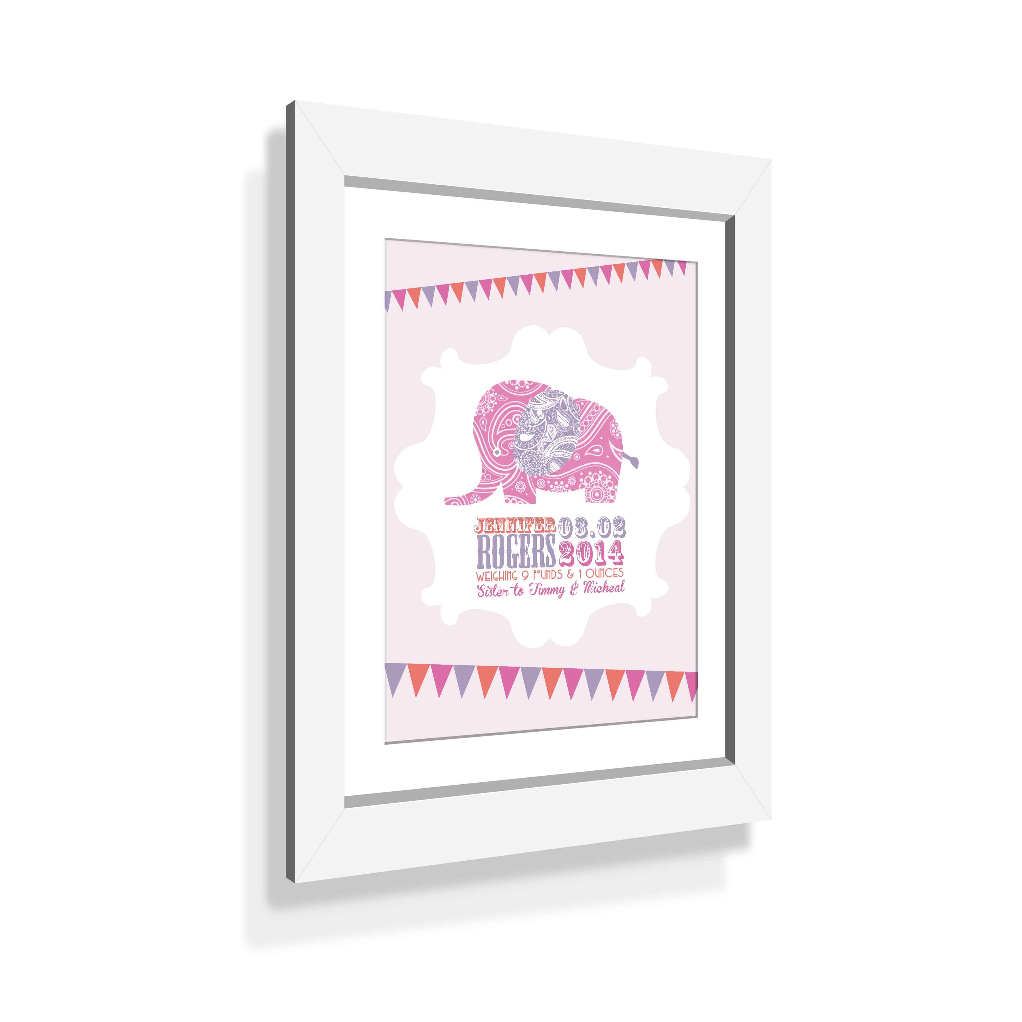 Birth Print Pink Elephant with Custom White Frame