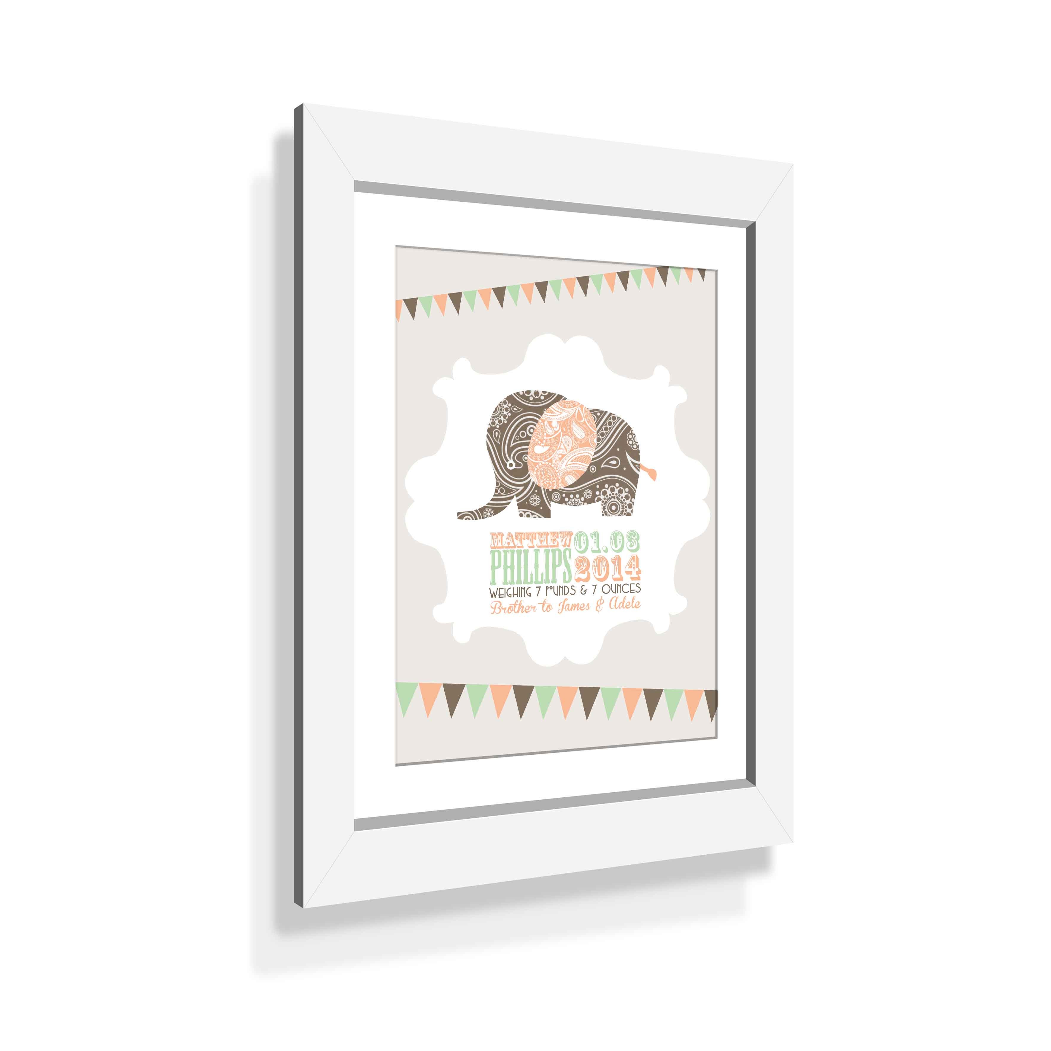 Birth Print Brown Elephant with Custom White Frame