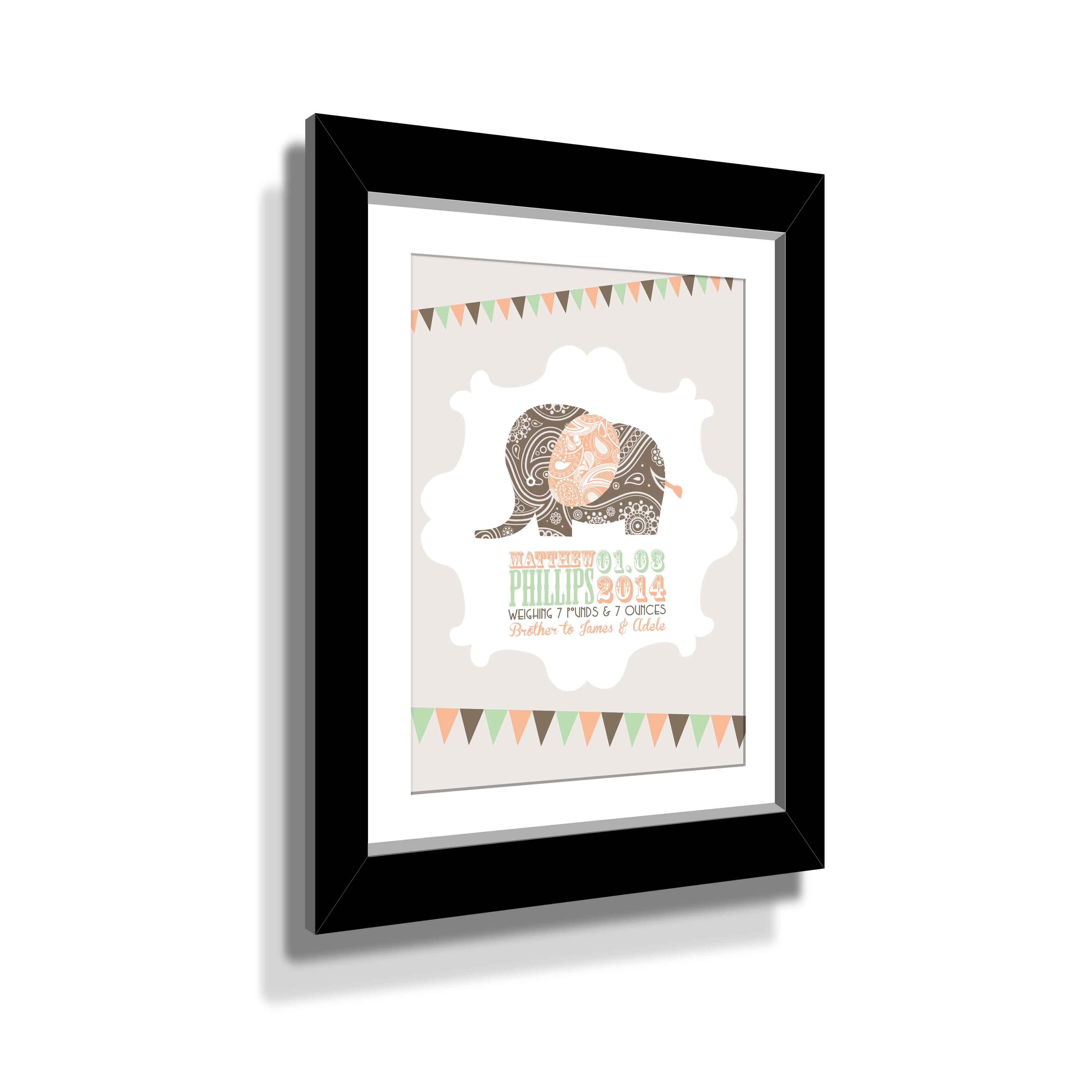 Birth Print Brown Elephant with Custom Black Frame