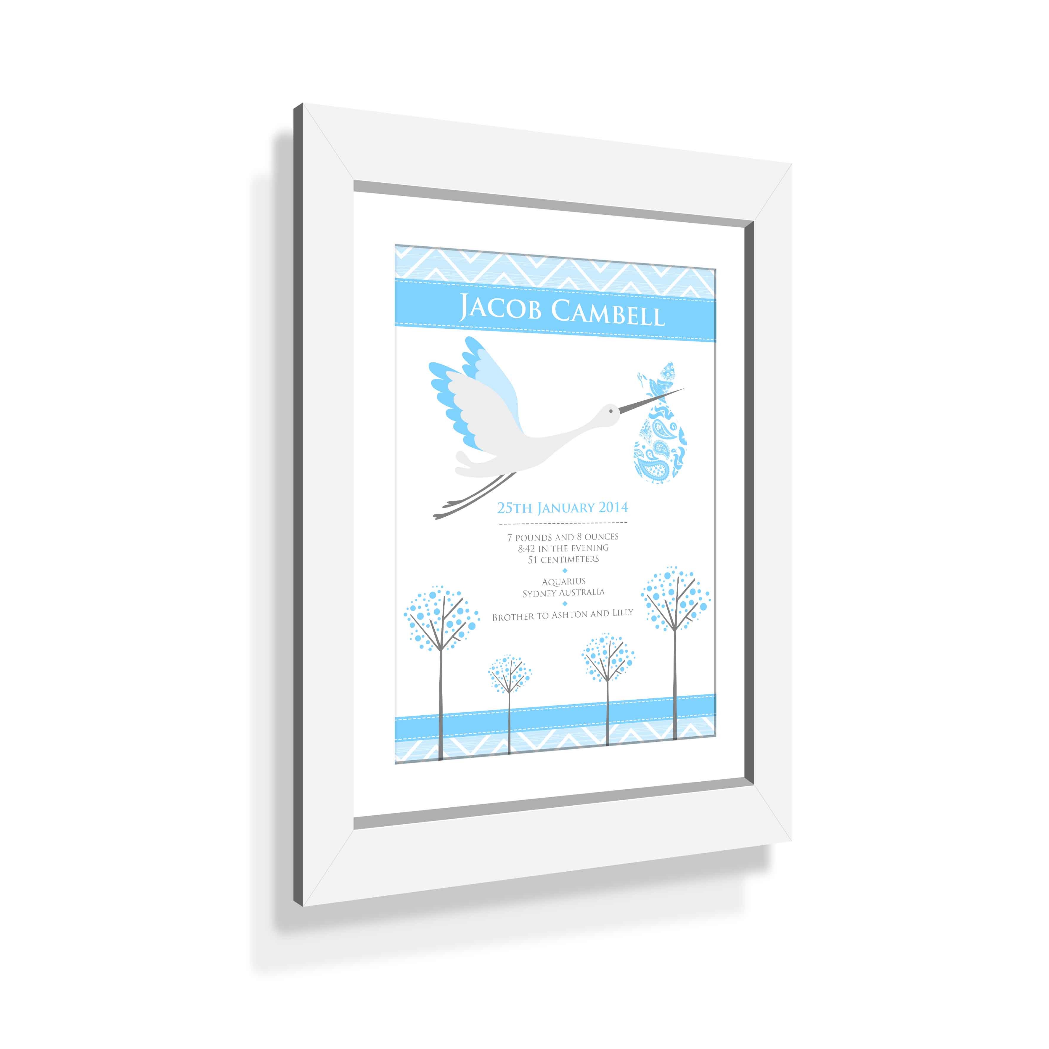 Birth Print Blue Stork with Custom White Frame