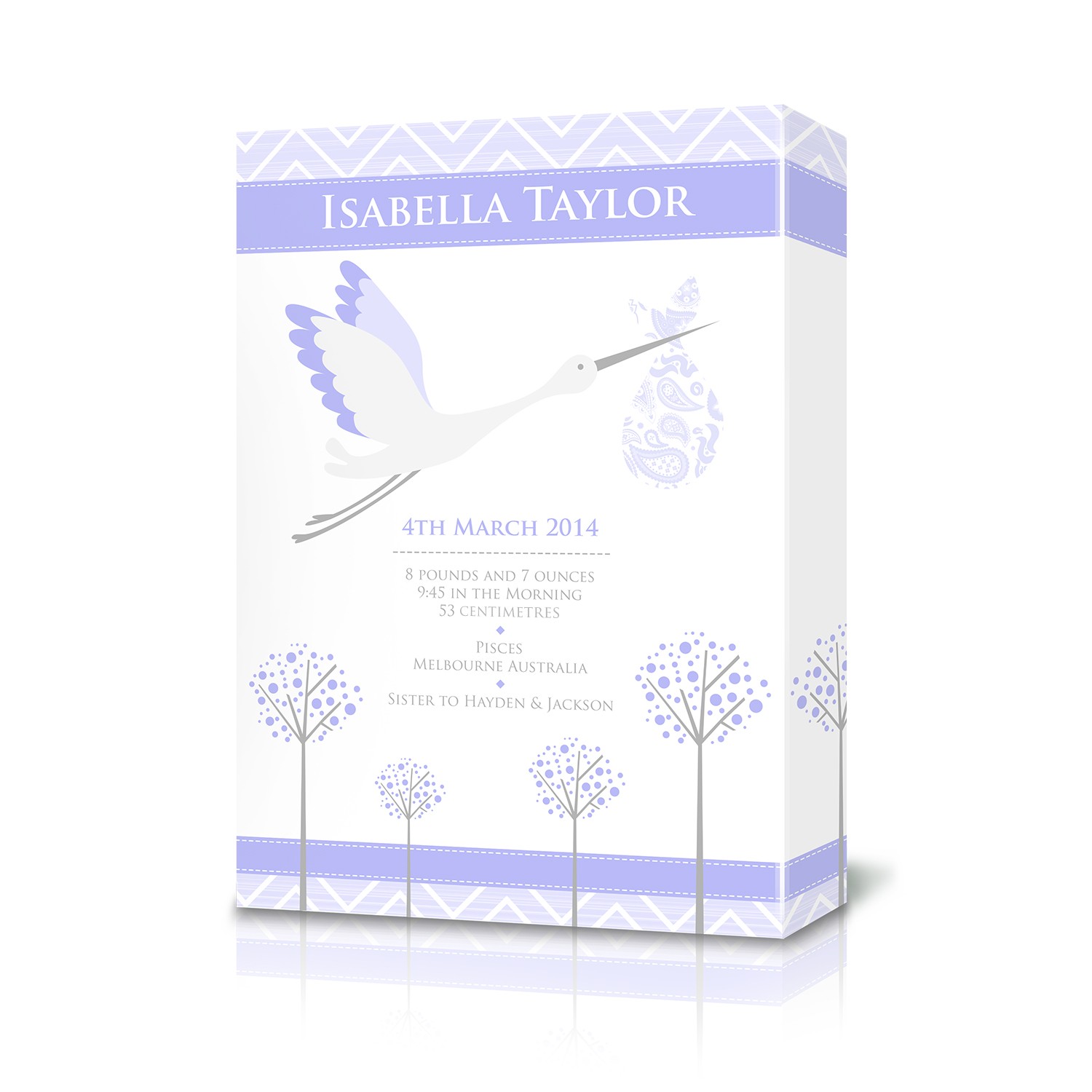 Canvas Birth Print with Stork Purple