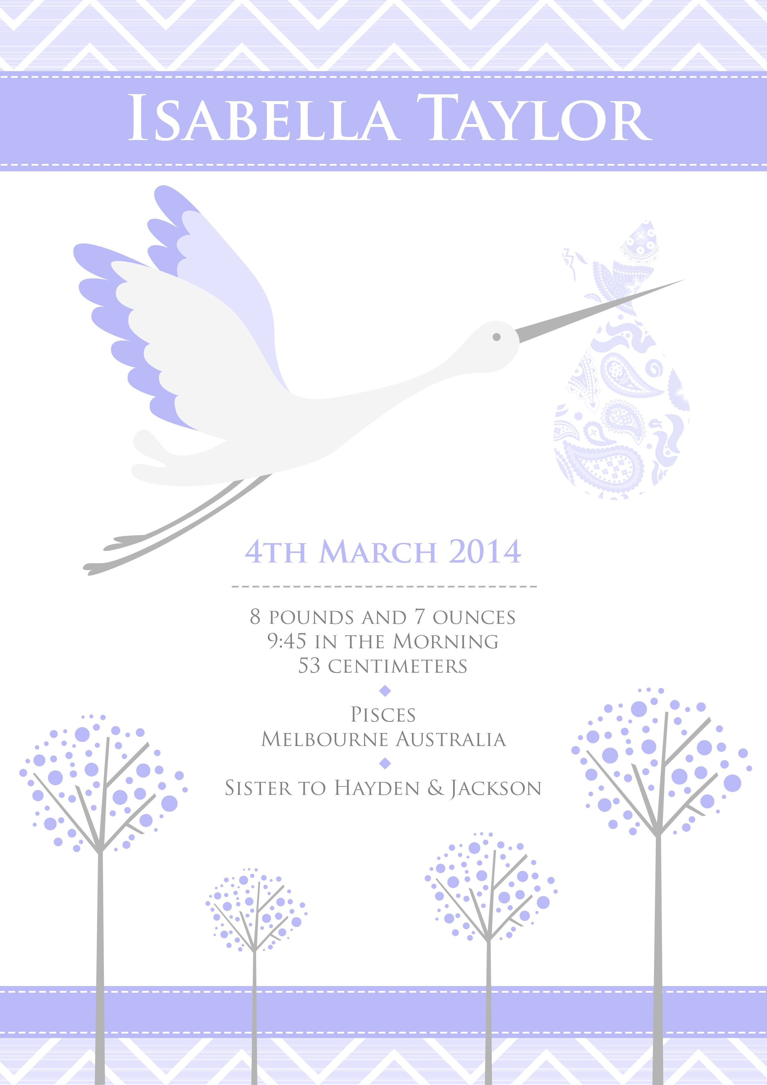 A4 Birth Print with Stork Purple