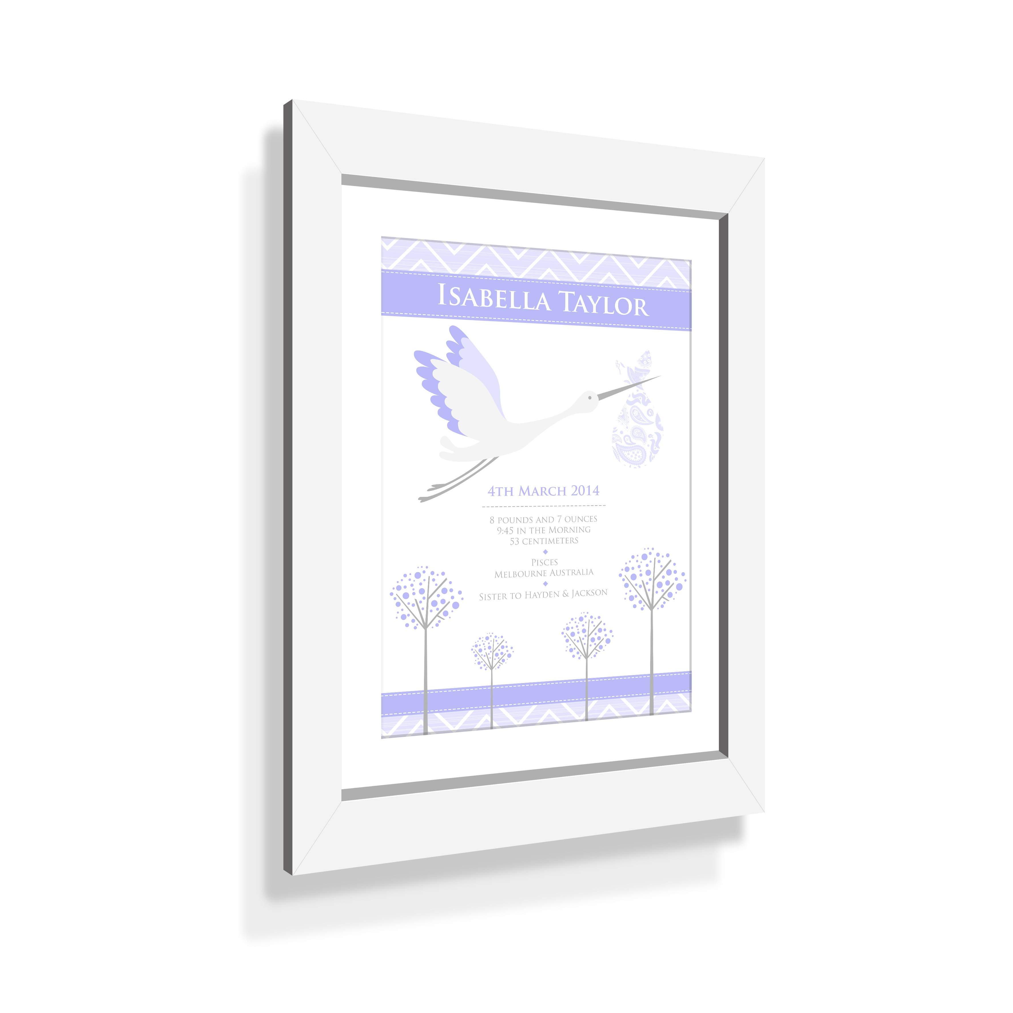 Birth Print Purple Stork with Custom White Frame