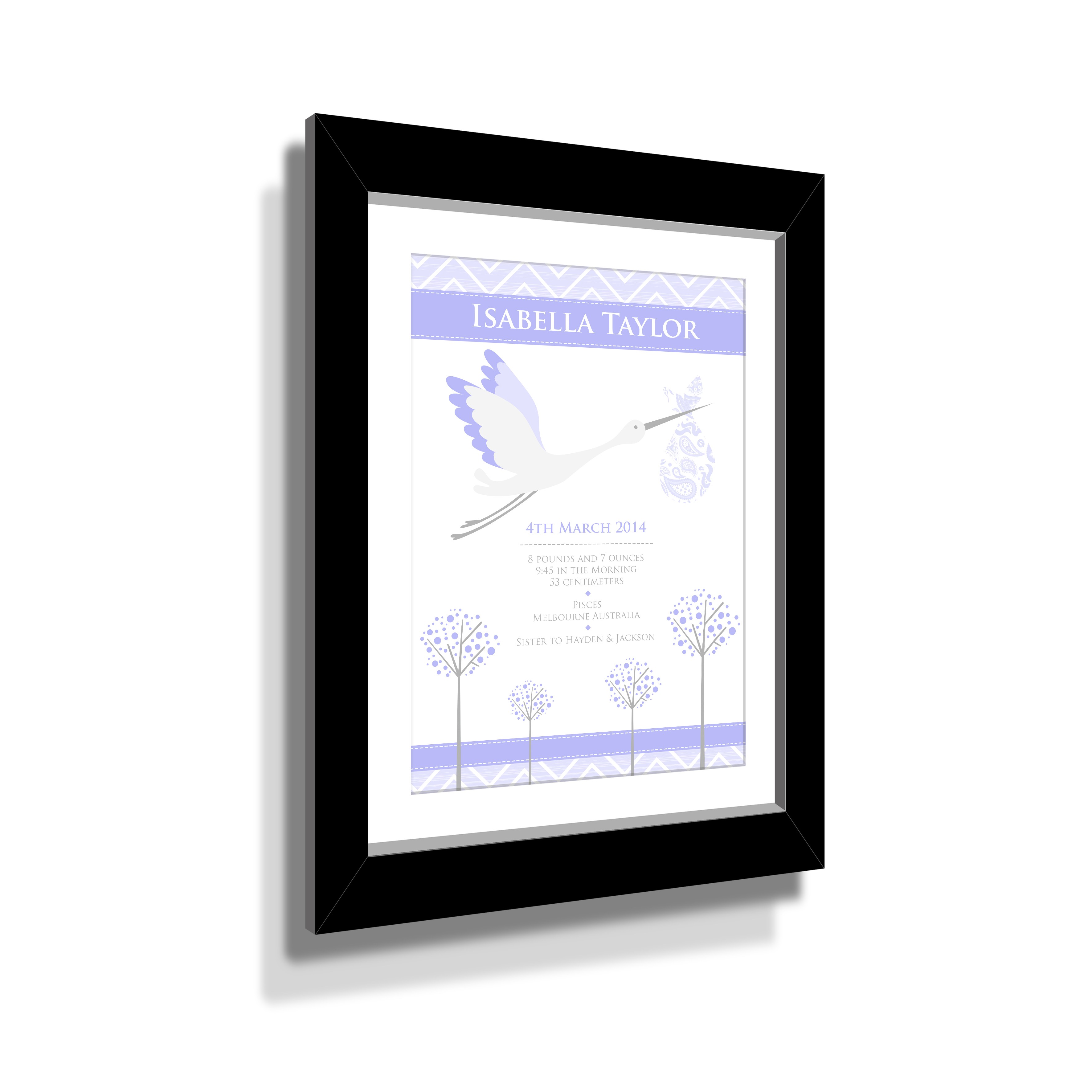 Birth Print Purple Stork with Custom Black Frame