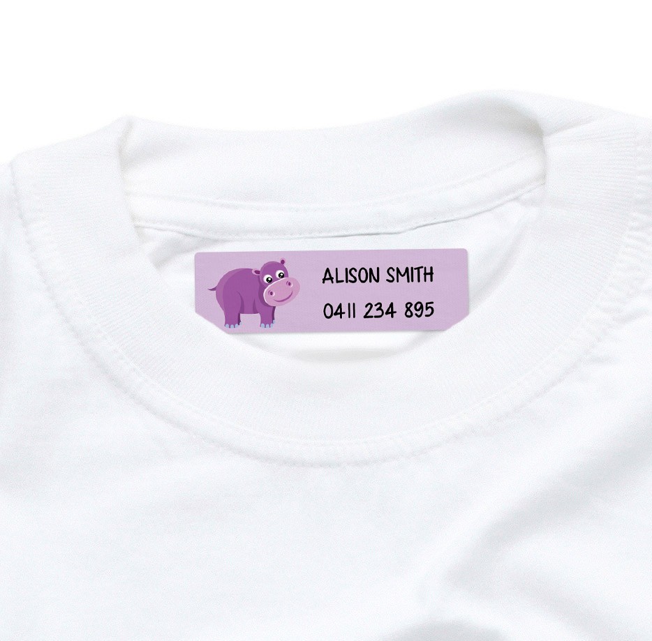 Dinkleboo Iron On label with Purple Hippo