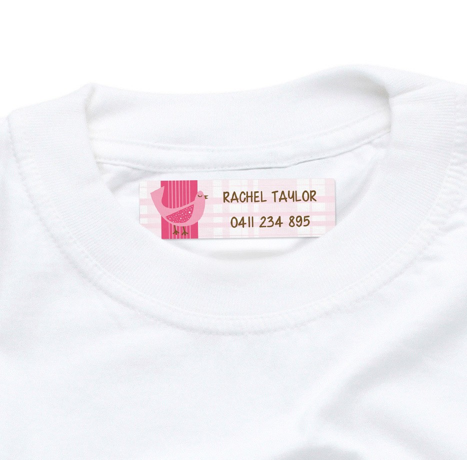 Dinkleboo Iron On label with Pink Bird