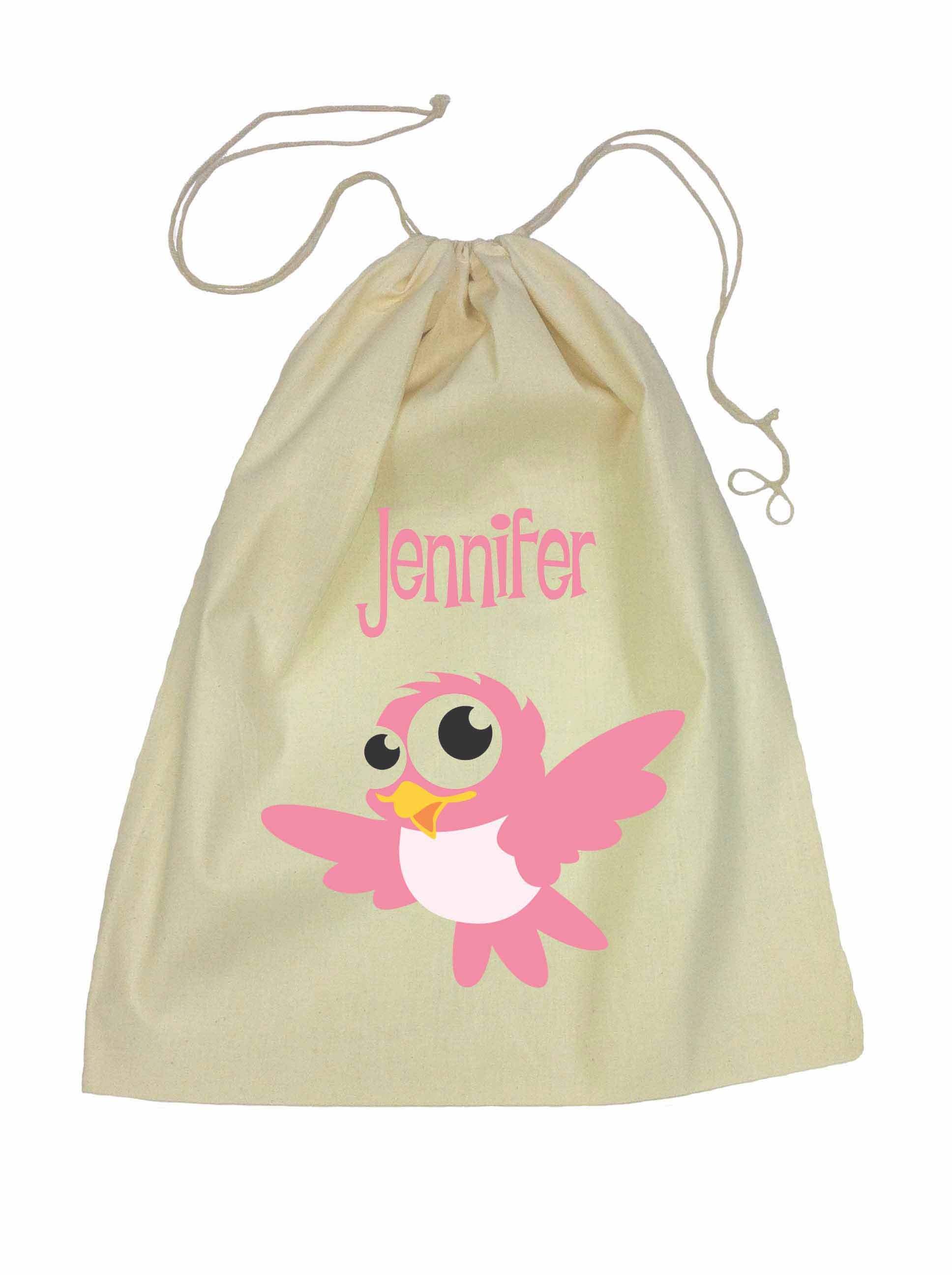 Drawstring Library Bag with Pink Bird 