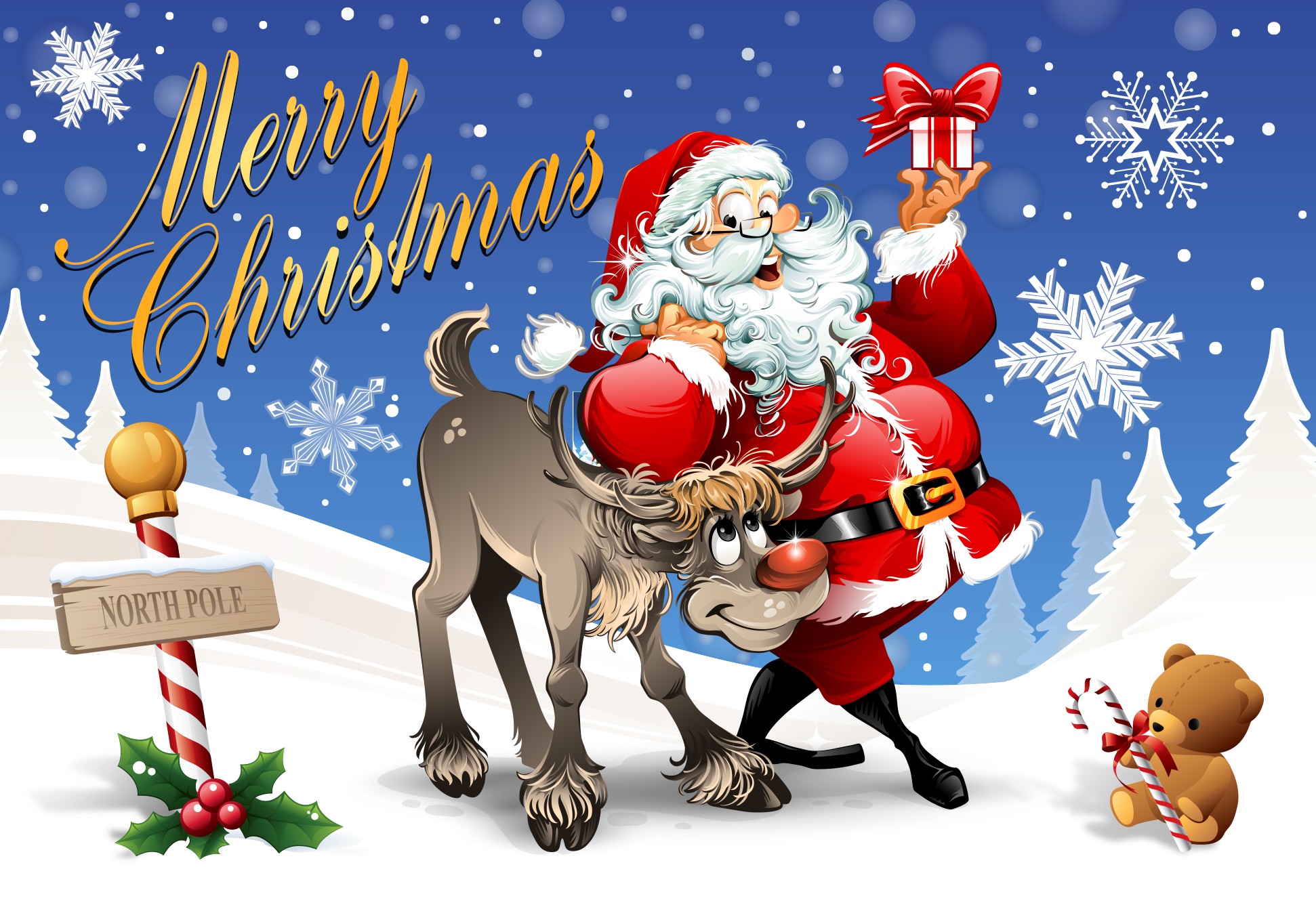 Santa Postcard, Santa with Reindeer Design