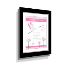 Birth Print Pink Stork with Custom Black Frame