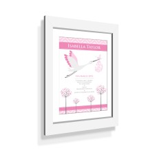 Birth Print Pink Stork with Custom White Frame