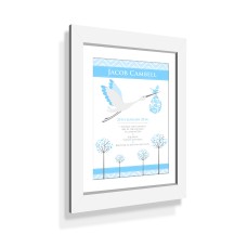 Birth Print Blue Stork with Custom White Frame