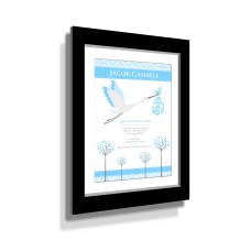 Birth Print Blue Stork with Custom Black Frame