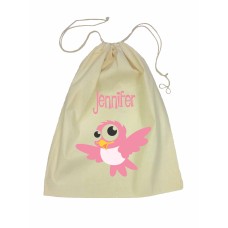 Drawstring Library Bag with Pink Bird 