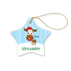 Blue Reindeer Porcelain Christmas Star Ornament