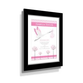 Birth Print Pink Stork with Custom Black Frame