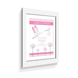 Birth Print Pink Stork with Custom White Frame