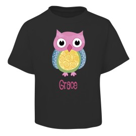 Pink Owl Design Black T-Shirt